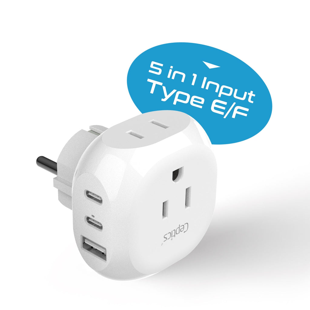 European Schuko Travel Plug Adapter - Type E/F - 5 in 1 - Ultra Compact (PTU-9) Ceptics