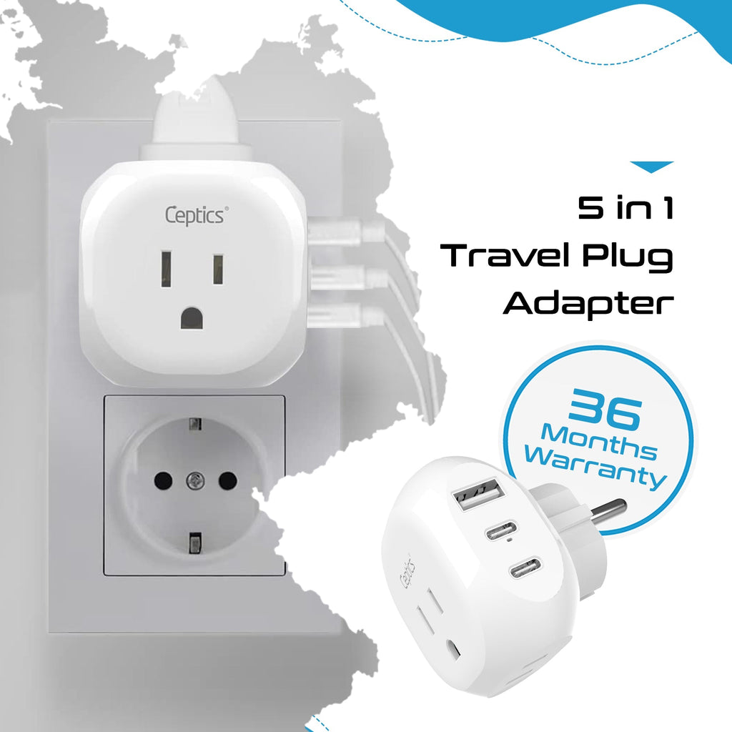 European Schuko Travel Plug Adapter - Type E/F - 5 in 1 - Ultra Compact (PTU-9) Ceptics