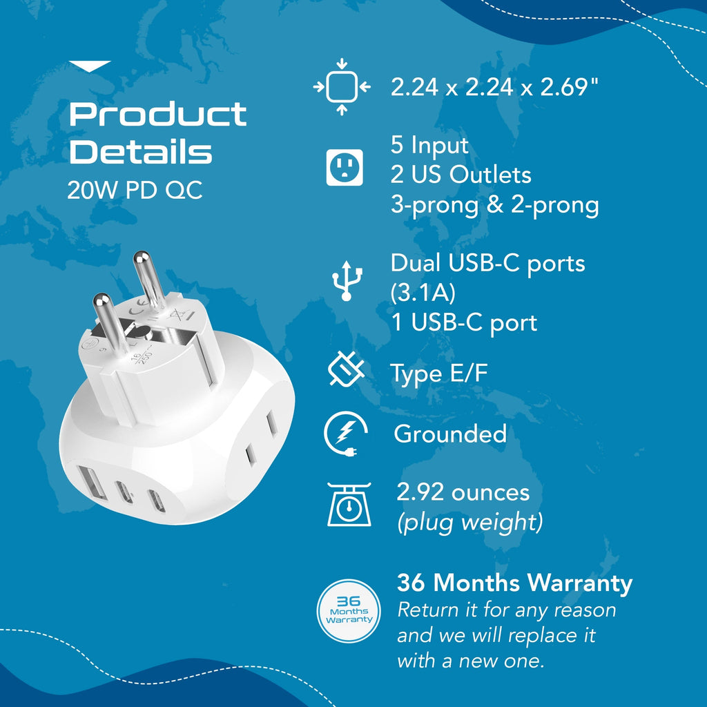 European Schuko Travel Plug Adapter - Type E/F - 5 in 1 - Ultra Compact (PTU-9) Ceptics