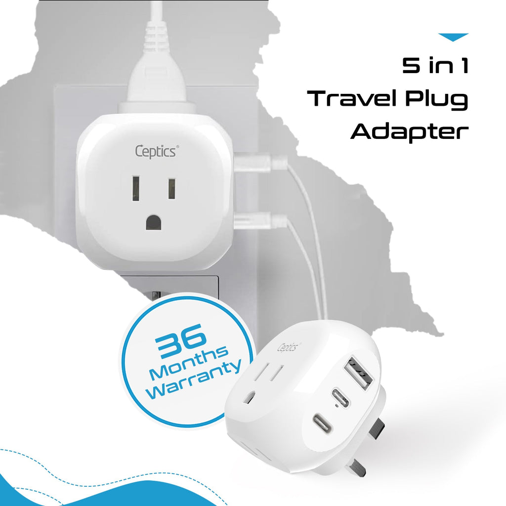UK, England Travel Adapter Plug - Type G - 5 in 1 - Ultra Compact (PTU-7) Ceptics