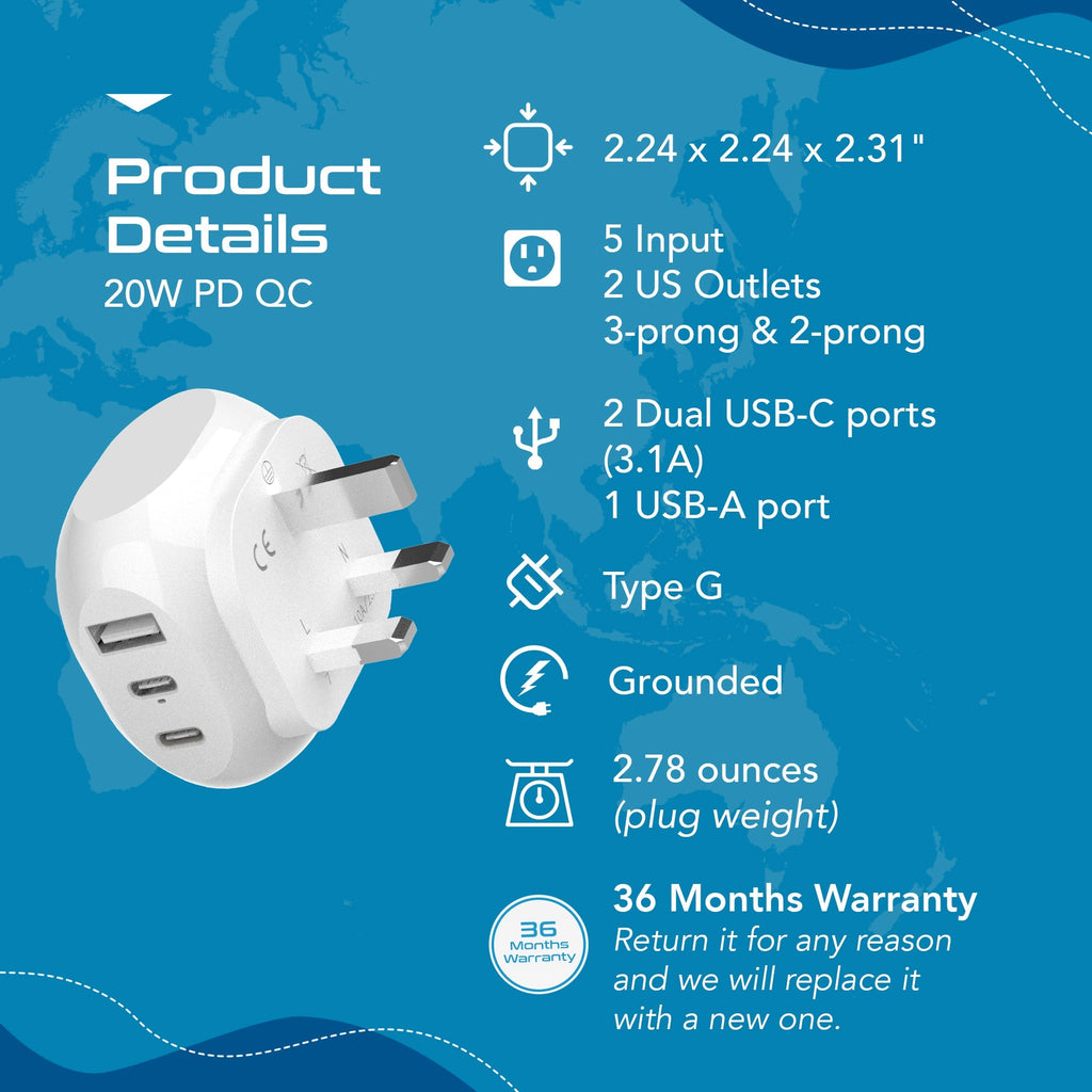 UK, England Travel Adapter Plug - Type G - 5 in 1 - Ultra Compact (PTU-7) Ceptics