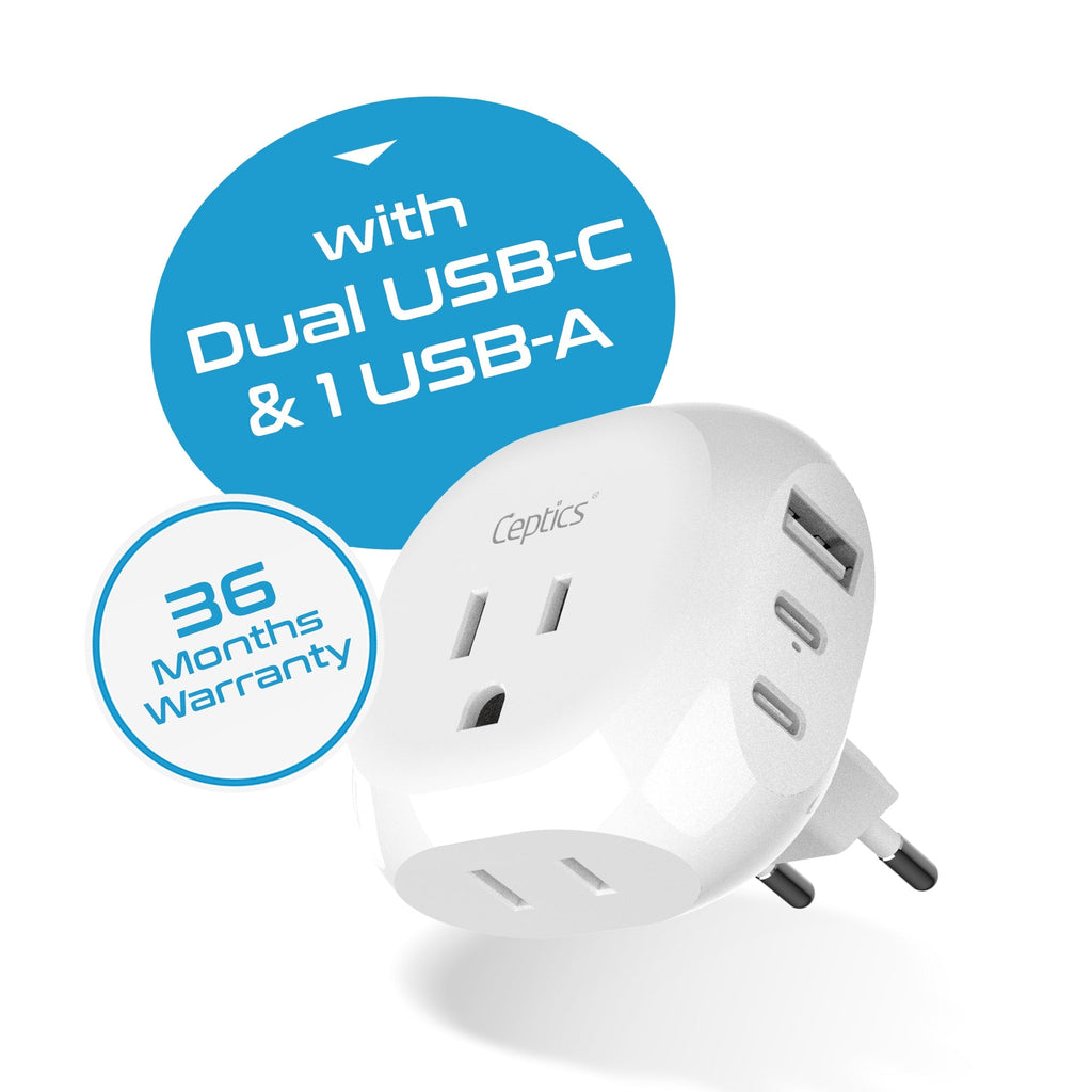 European Travel Plug Adapter - Type C - 5 in 1 - Ultra Compact (PTU-9C) Ceptics