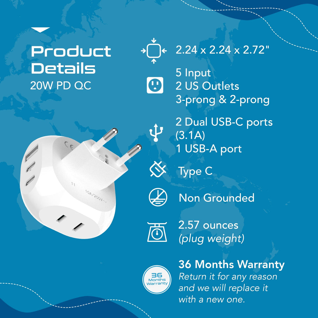 European Travel Plug Adapter - Type C - 5 in 1 - Ultra Compact (PTU-9C) Ceptics