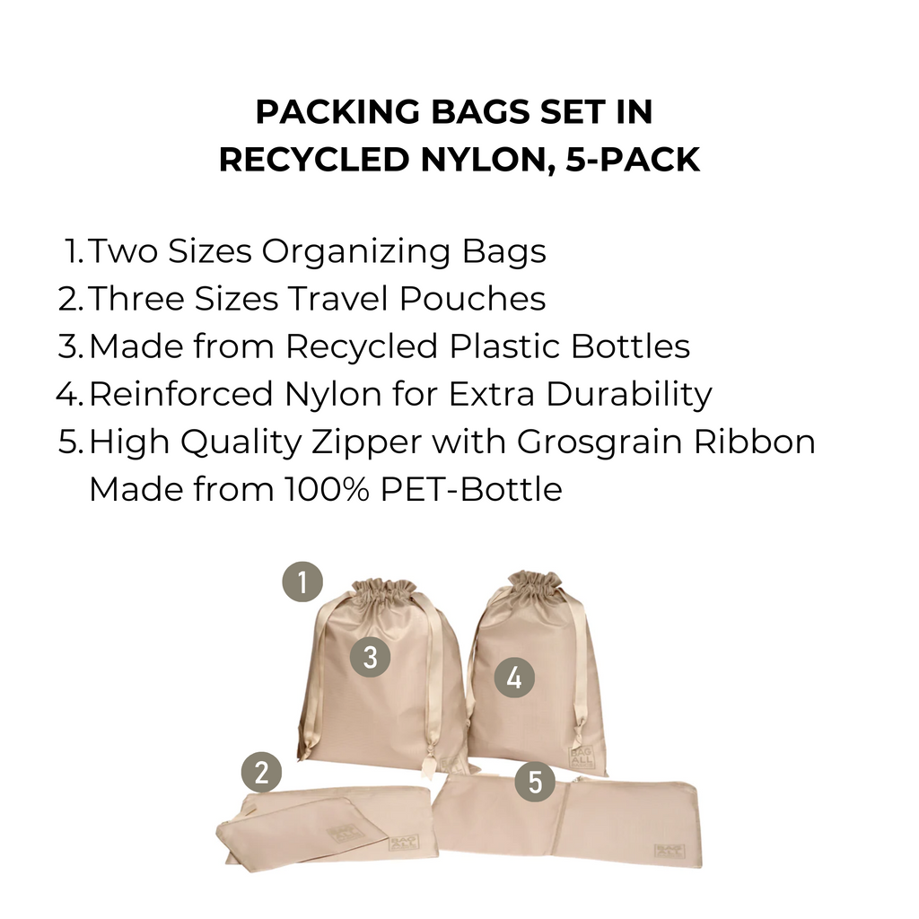 Packing Bags Set in Recycled Nylon, 5-pack, Taupe Bag-all