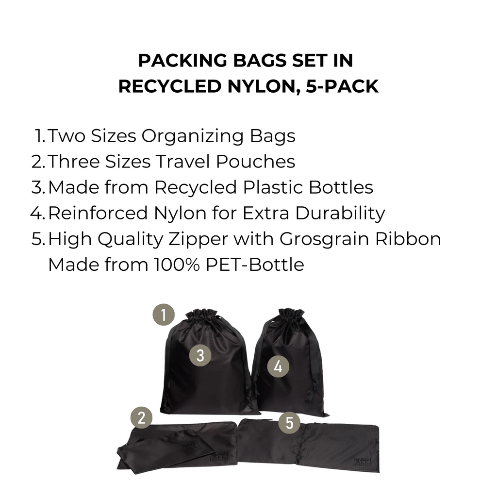 Packing Bags Set in Recycled Nylon, 5-pack, Black Bag-all