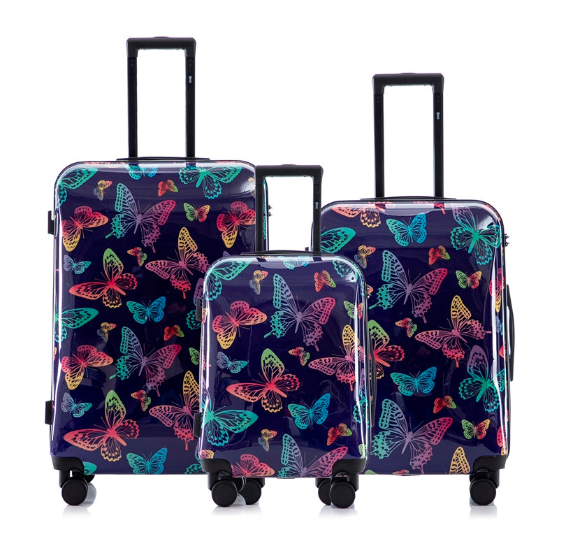 Multi-color Design ABS Hard Shell Lightweight with 360° Dual Spinning Wheels & Combo Lock – Includes 28", 24", 20" 3-Piece Luggage Set - Butterfly Mirage Luggage