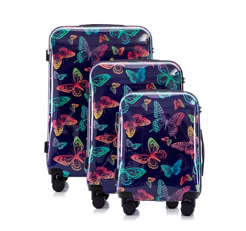 Multi-color Design ABS Hard Shell Lightweight with 360° Dual Spinning Wheels & Combo Lock – Includes 28", 24", 20" 3-Piece Luggage Set - Butterfly Mirage Luggage