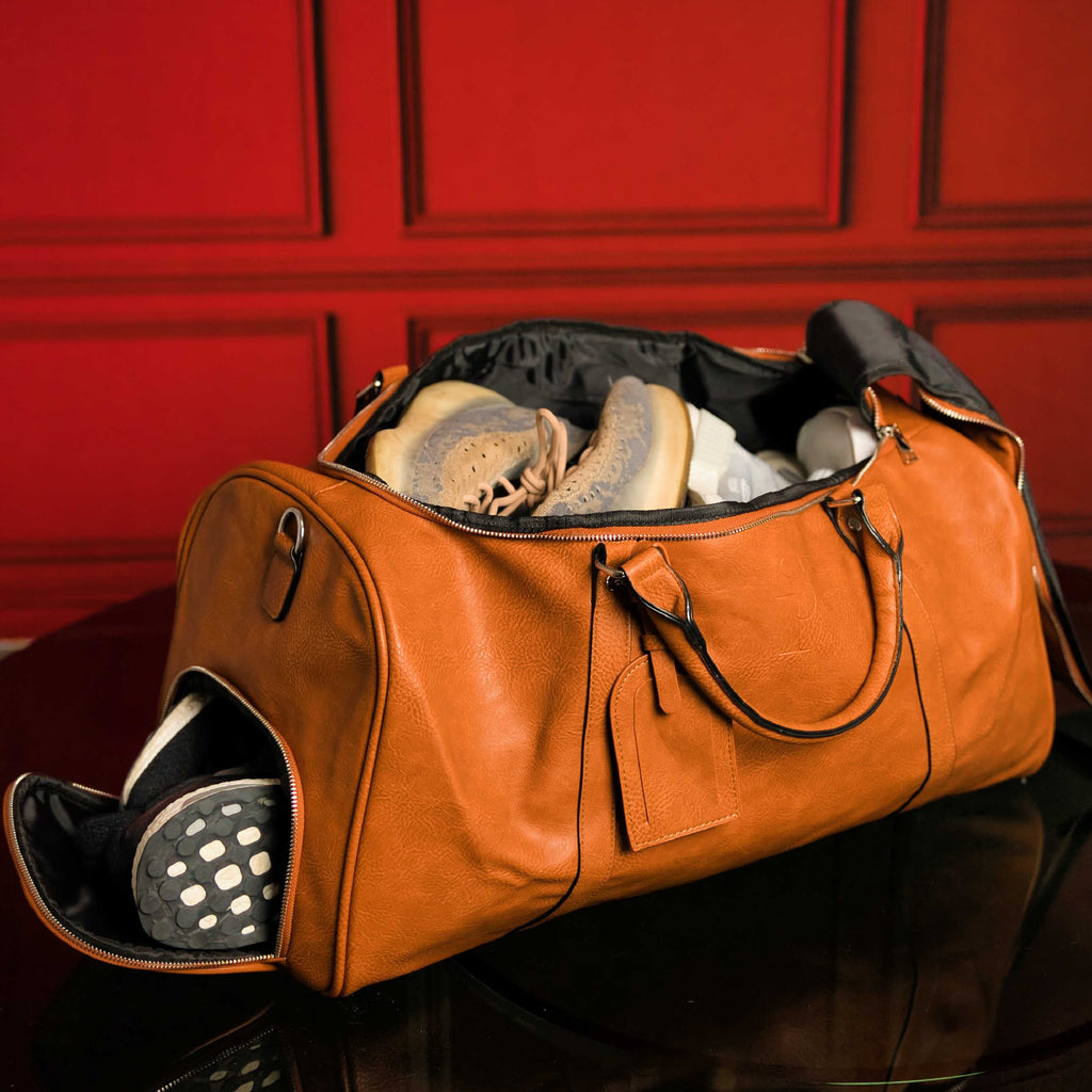 Brown Leather Roller Bag Set Sole Premise