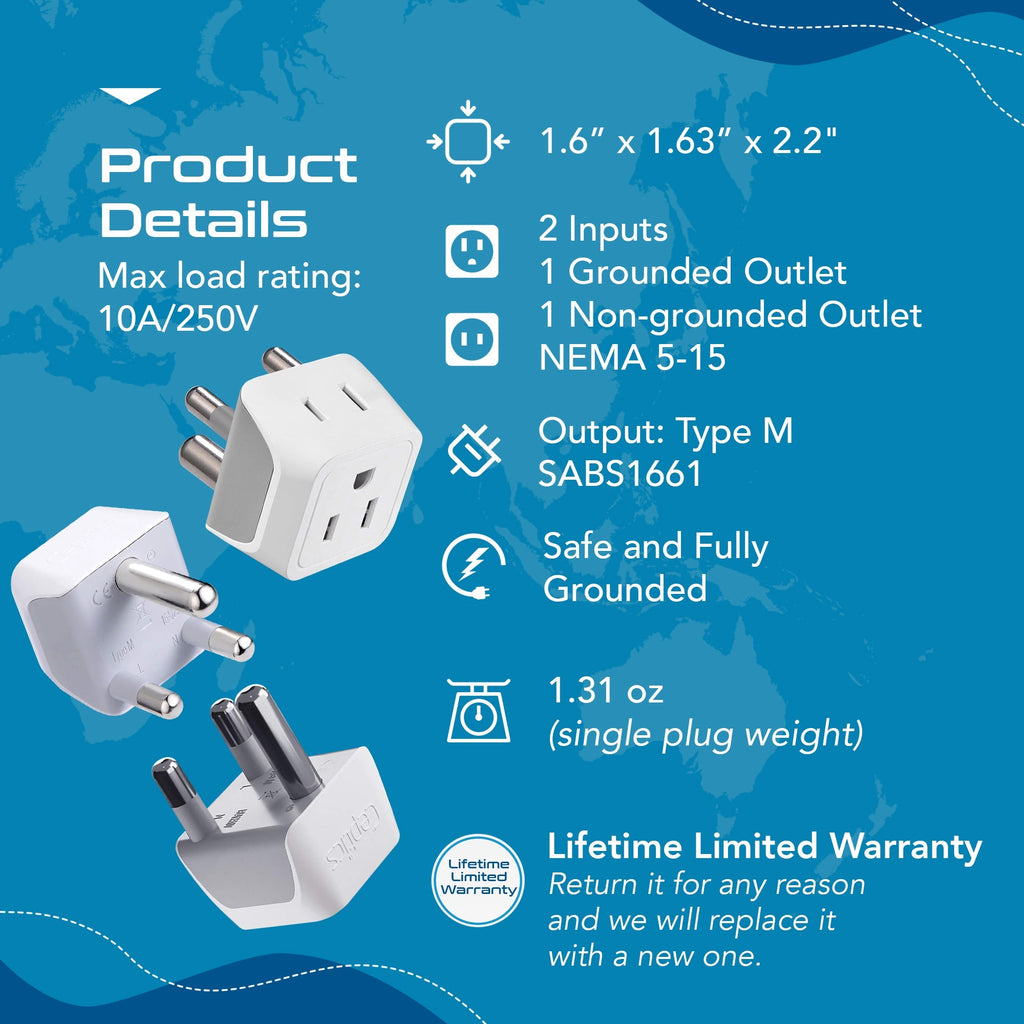 South Africa Travel Adapter - Type M - Ultra Compact (CT-10L, 3 Pack) Ceptics