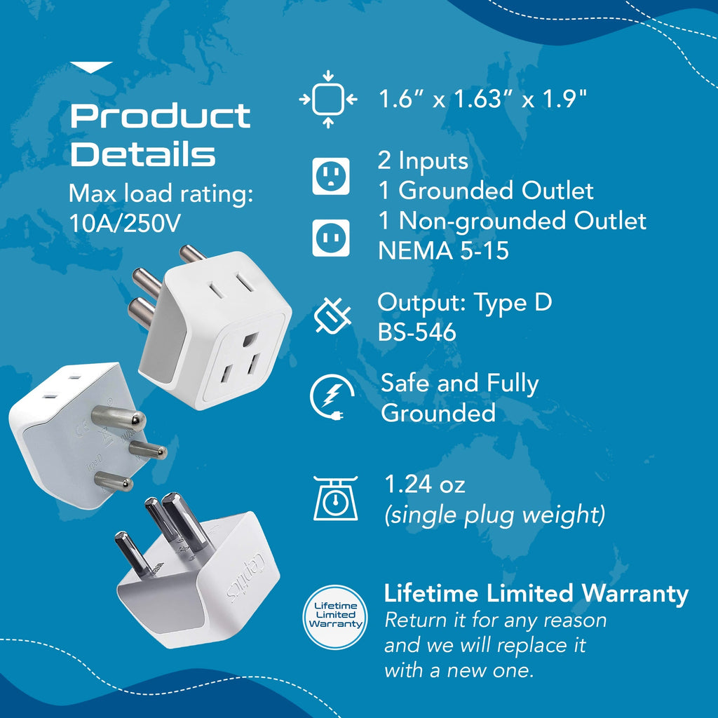India Travel Adapter - Type D - Ultra Compact (CT-10, 3 Pack) Ceptics
