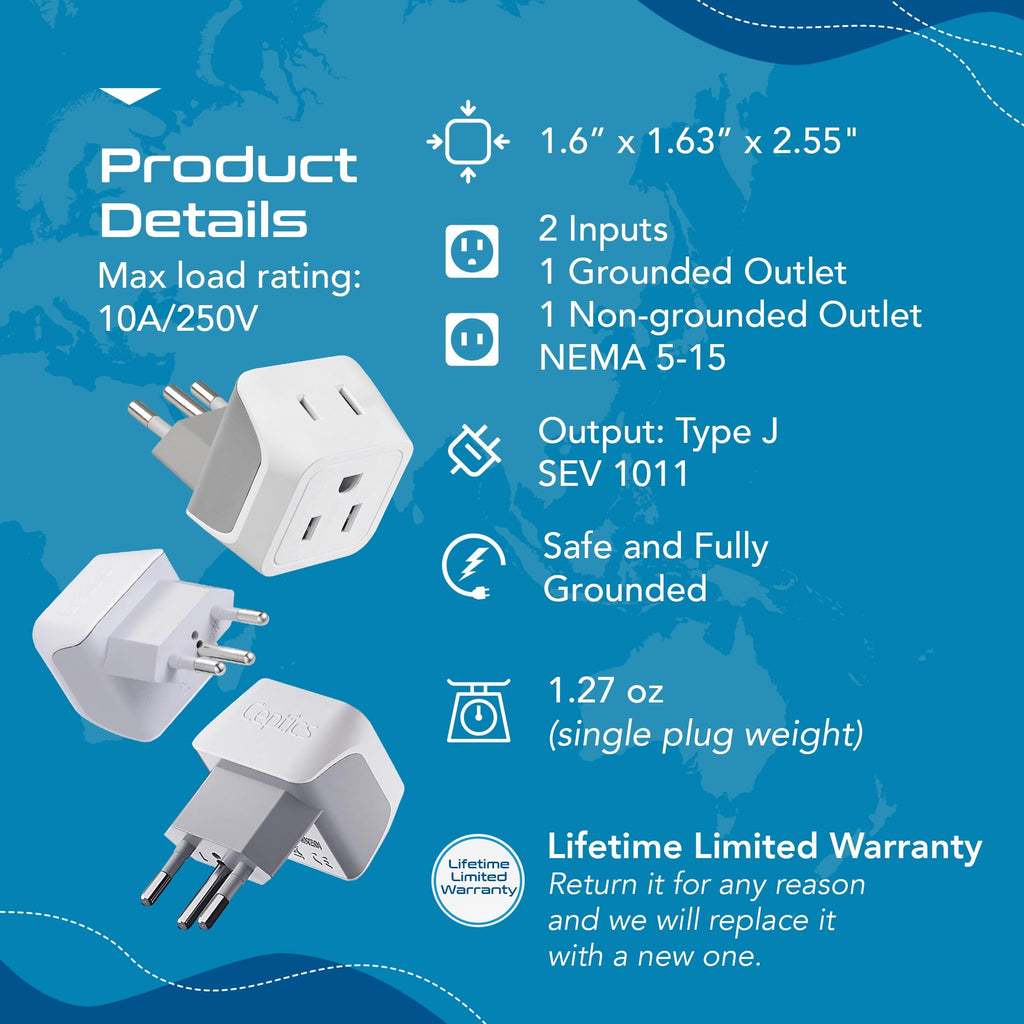 Switzerland Travel Adapter - Type J - Ultra Compact (CT-11A, 3 Pack) Ceptics