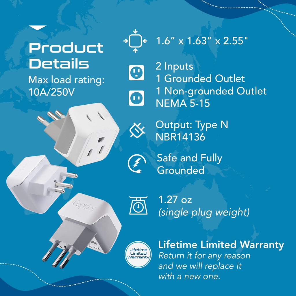 Brazil Travel Adapter - Type N - Ultra Compact (CT-11C, 3 Pack) Ceptics