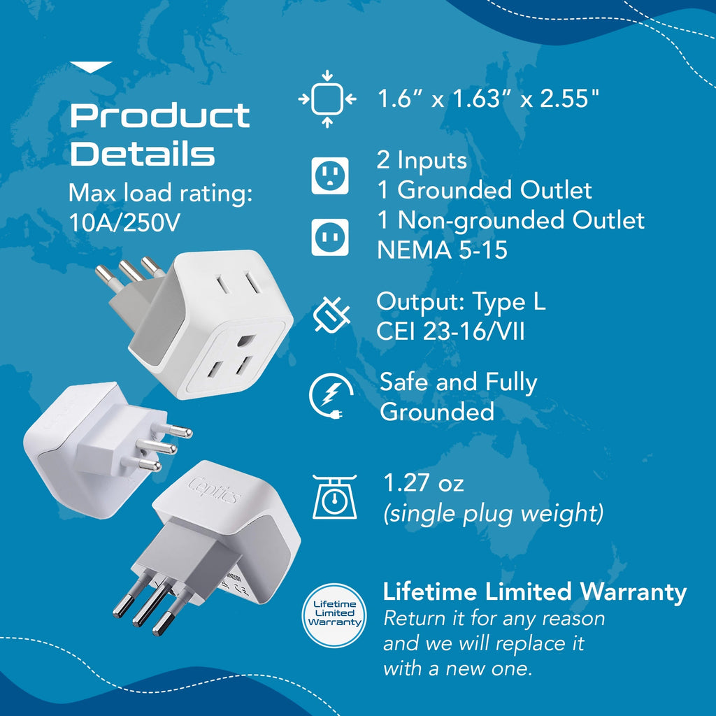 Italy Travel Adapter - Type L - Ultra Compact (CT-12A, 3 Pack) Ceptics