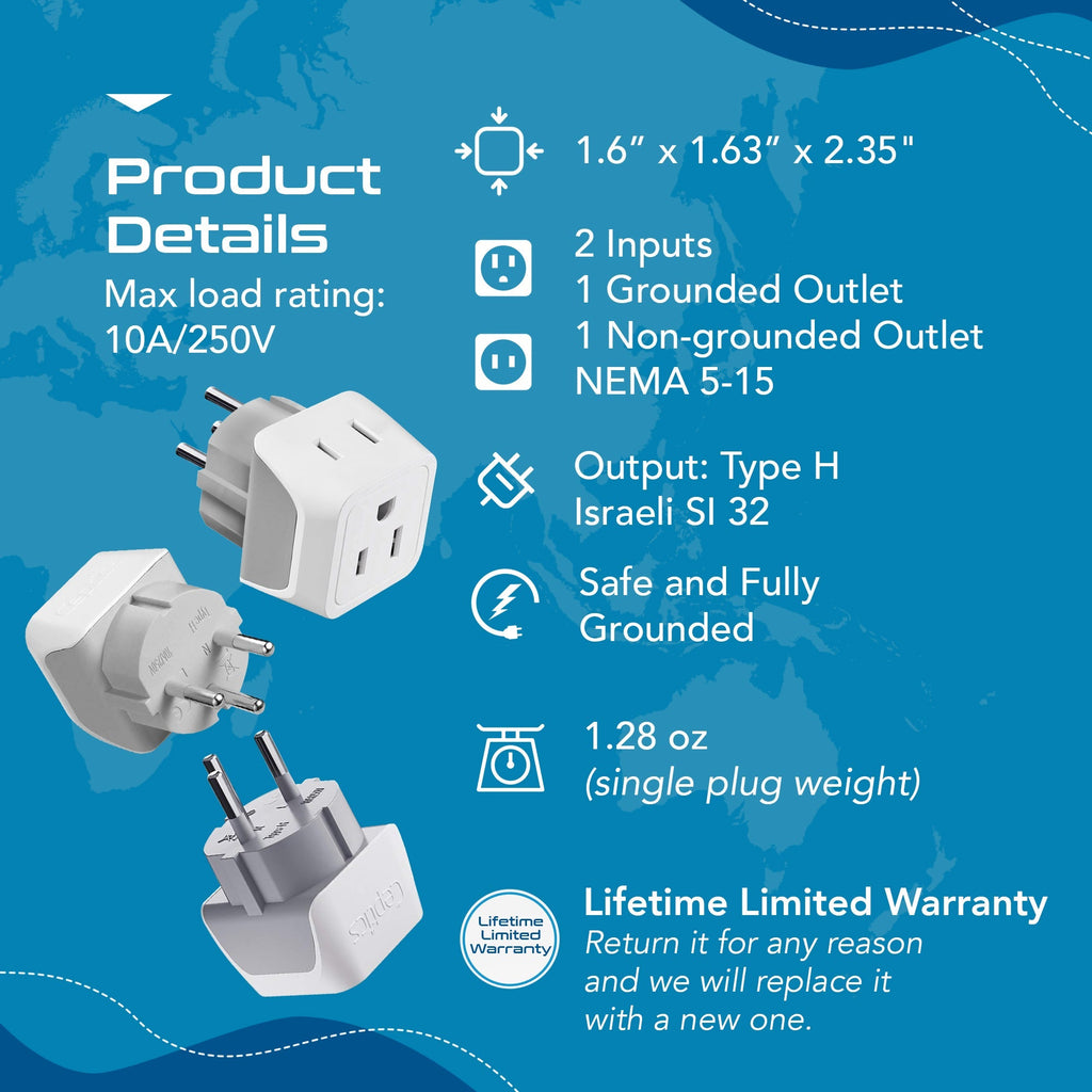 Israel, Palestine Travel Adapter - Type H - Ultra Compact (CT-14, 3 Pack) Ceptics