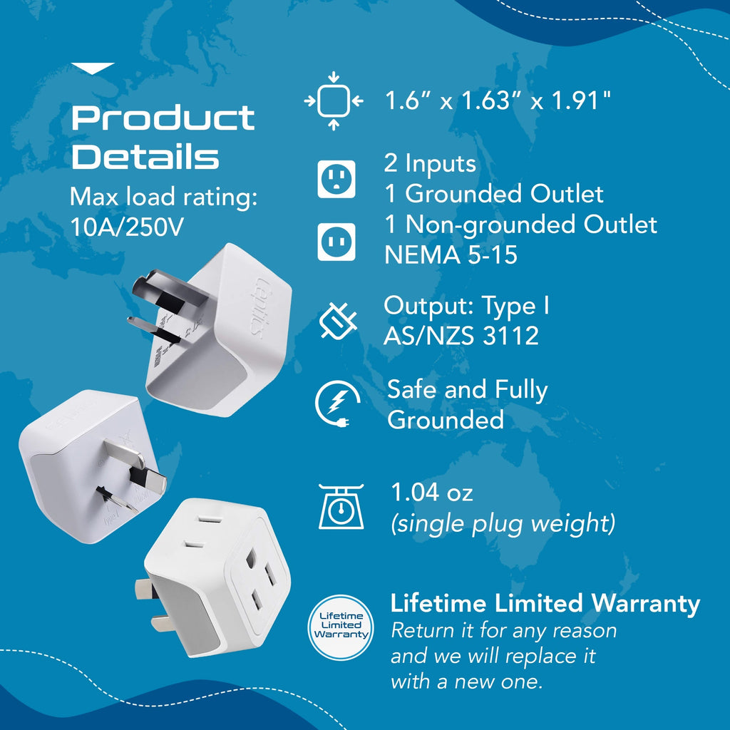 Australia, China Travel Adapter - Type I - Ultra Compact (CT-16, 3 Pack) Ceptics