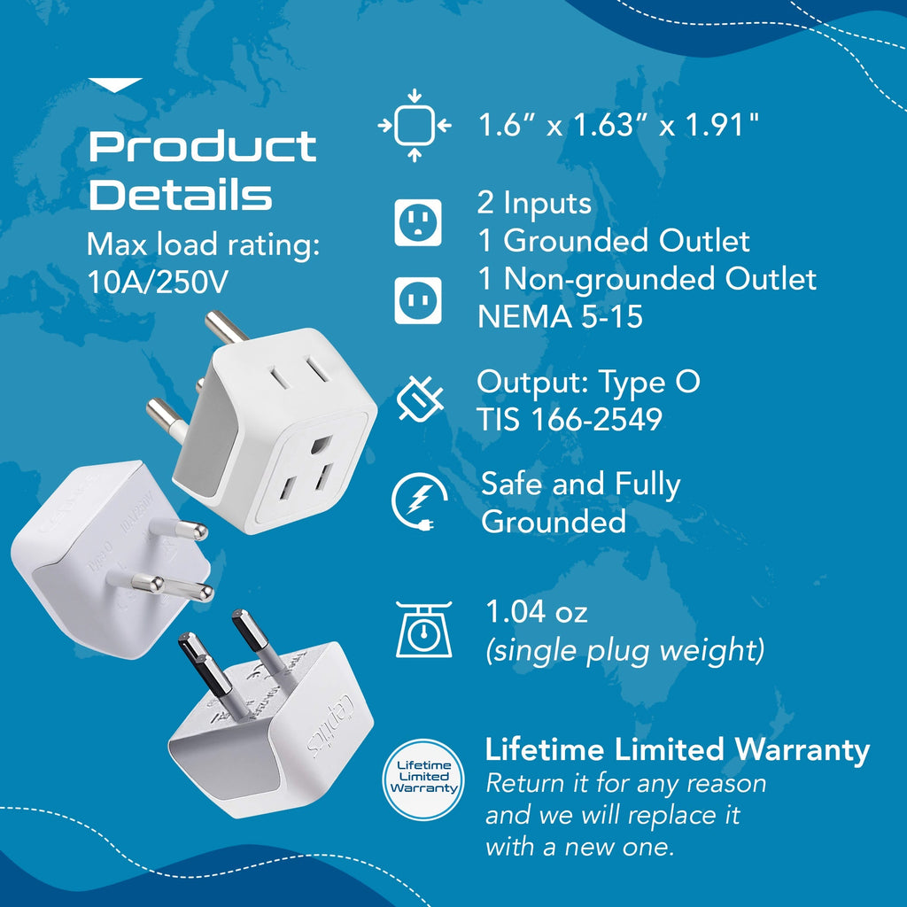 Thailand Travel Adapter - Type O - Ultra Compact (CT-18, 3 Pack) Ceptics