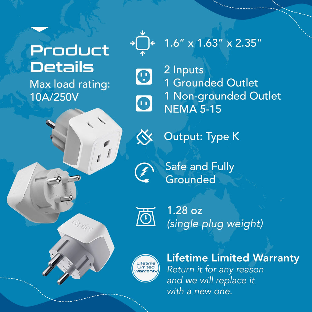 Denmark Travel Adapter - Type K - Ultra Compact (CT-20 ,3 PACK) Ceptics