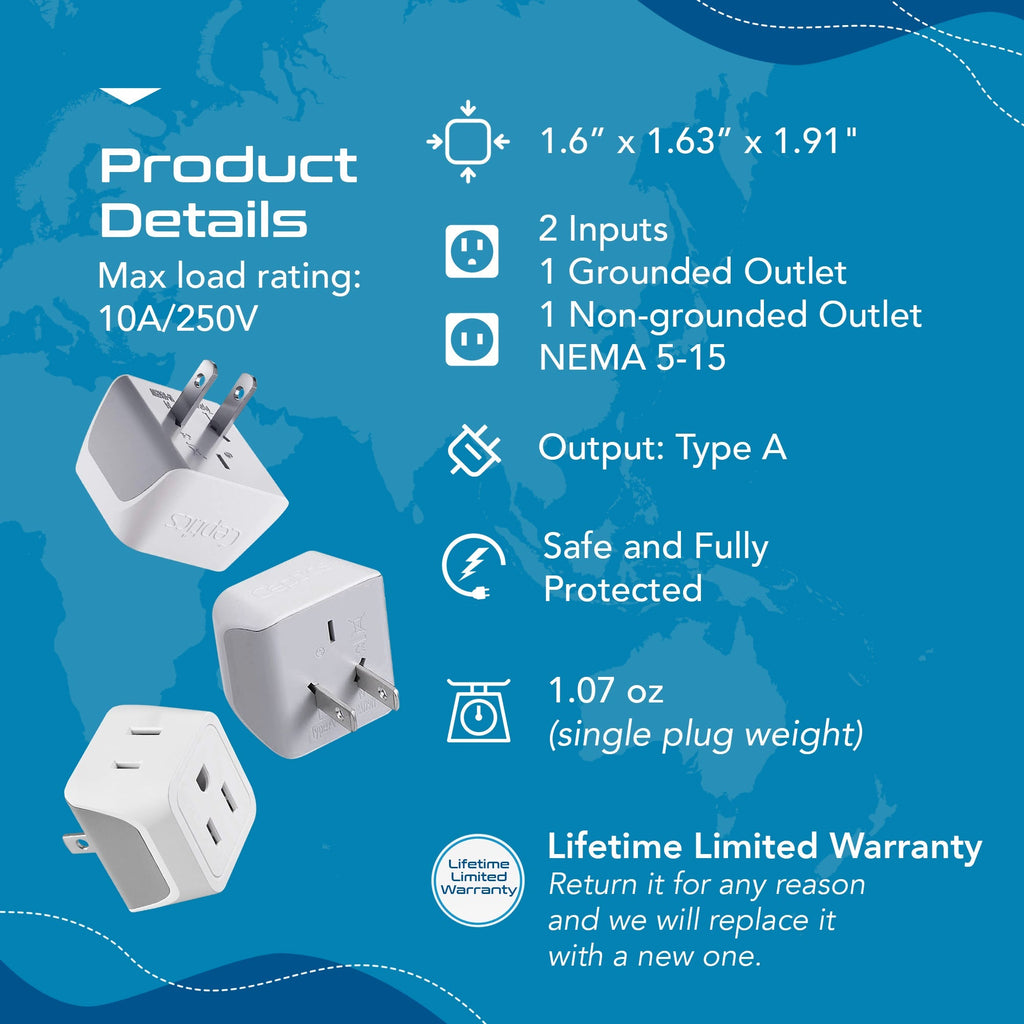 Japan, Philippines Travel Adapter - Type A - Ultra Compact (CT-6, 3 Pack) Ceptics