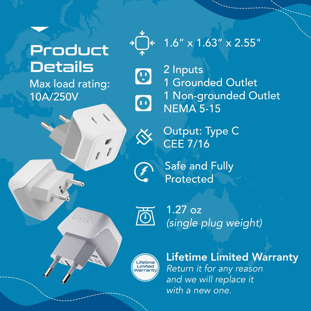 European Travel Adapter - Type C - Ultra Compact (CT-9C, 3 Pack) Ceptics