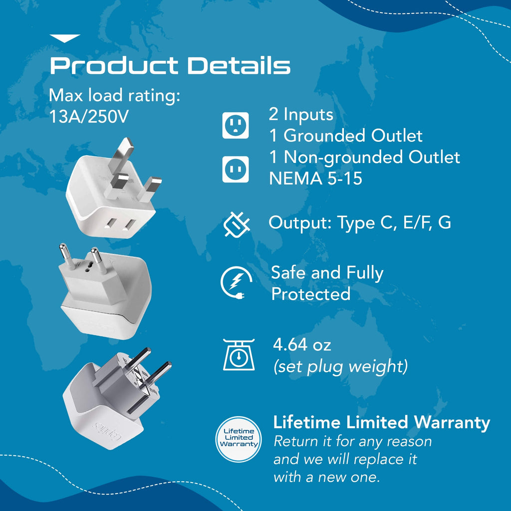 European Travel Adapter Set - Type E/F, G, C - 3pcs (CT-EU-SET) Ceptics