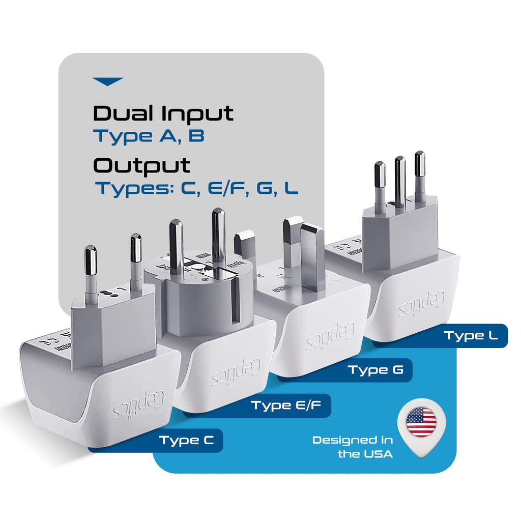 European Travel Adapter Set - Type C, E/F, G, L - 4pcs (CT-EU-4SET) Ceptics