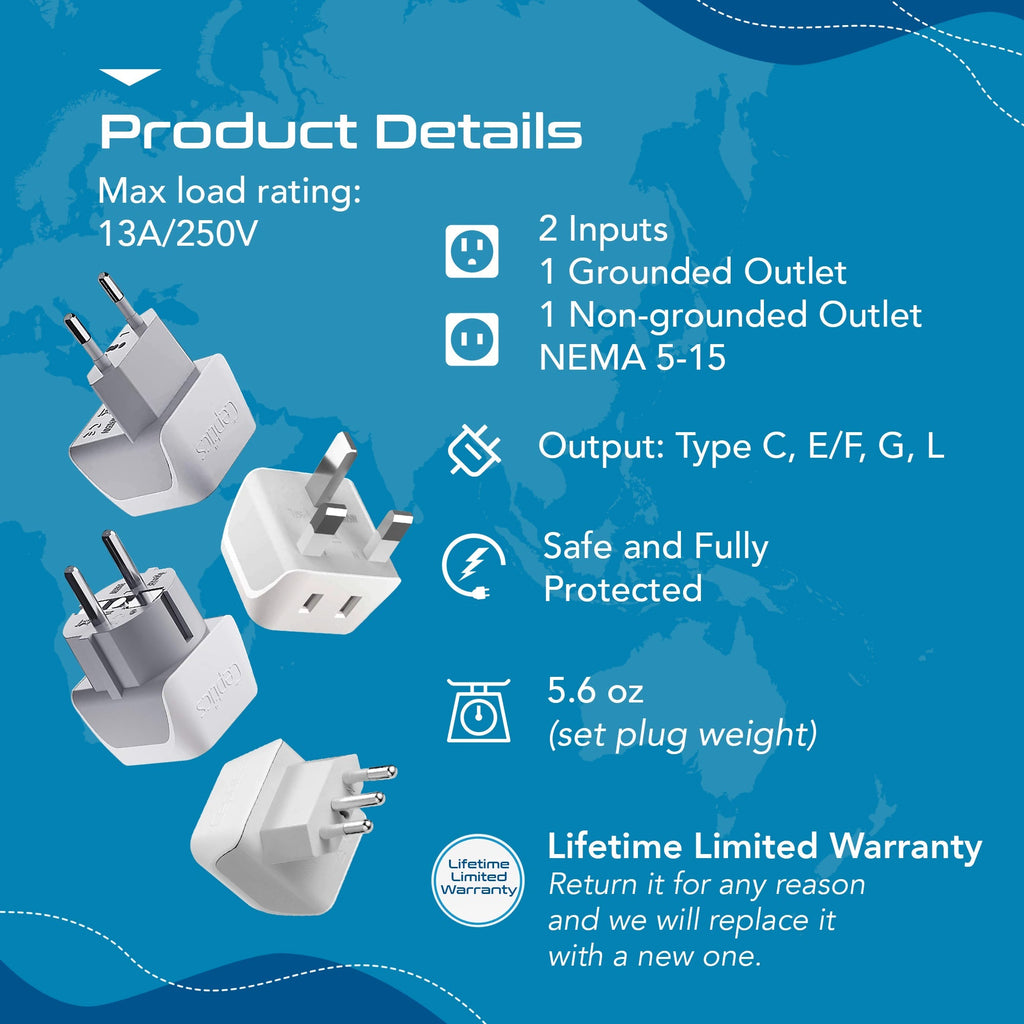 European Travel Adapter Set - Type C, E/F, G, L - 4pcs (CT-EU-4SET) Ceptics