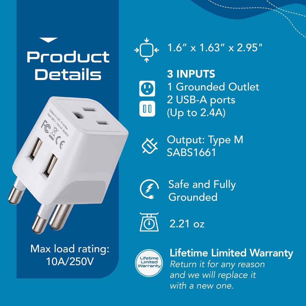 South Africa Travel Adapter - Type M - Dual USB (CTU-10L) Ceptics