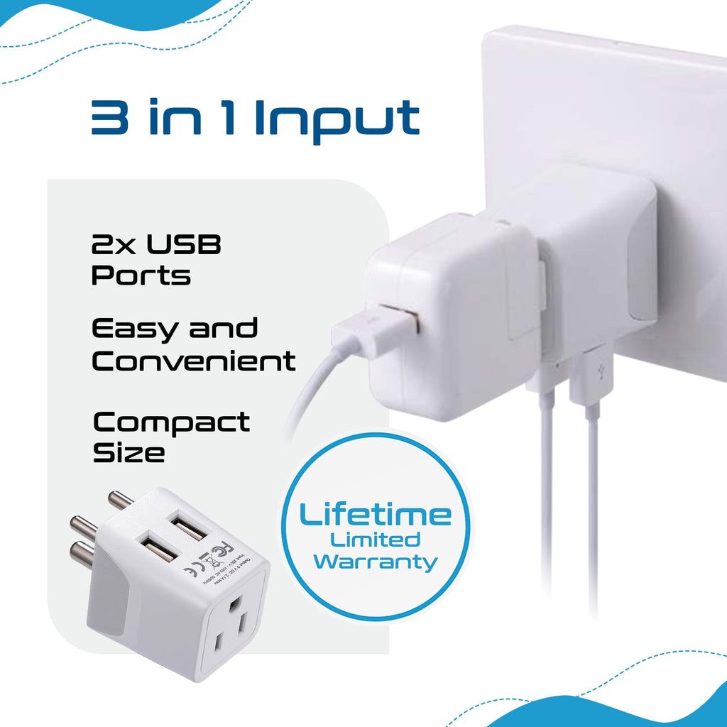 India Travel Adapter - Type D - Dual USB (CTU-10) Ceptics