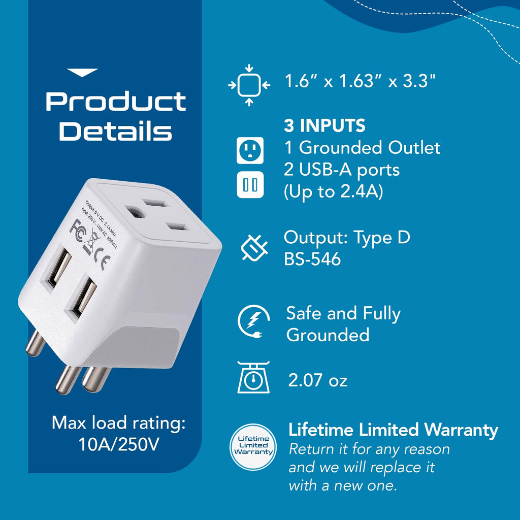India Travel Adapter - Type D - Dual USB (CTU-10) Ceptics