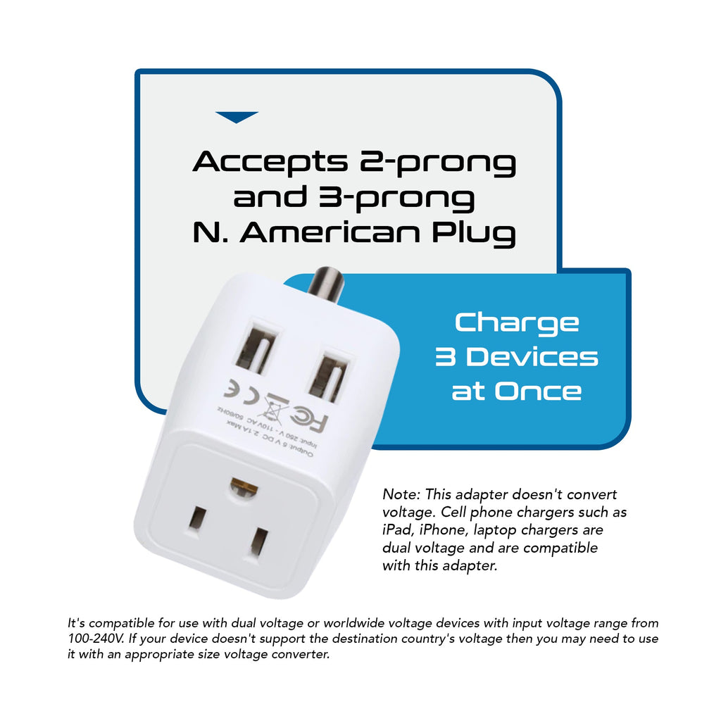 India Travel Adapter - Type D - Dual USB (CTU-10) Ceptics