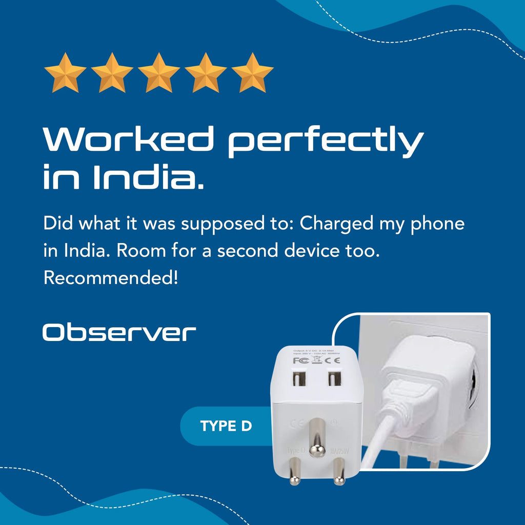 India Travel Adapter - Type D - Dual USB (CTU-10) Ceptics