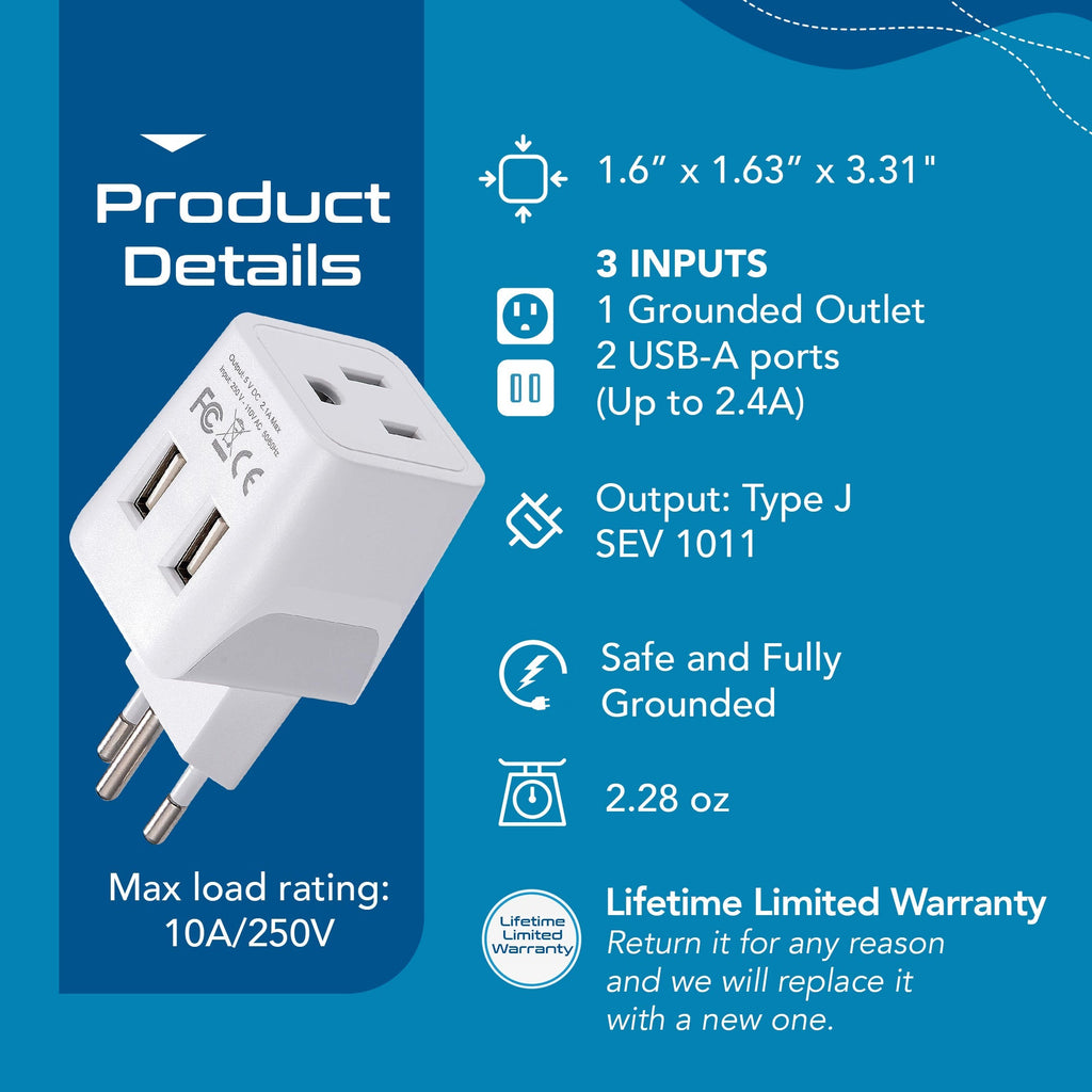 Switzerland Travel Adapter - Type J - Dual USB (CTU-11A) Ceptics