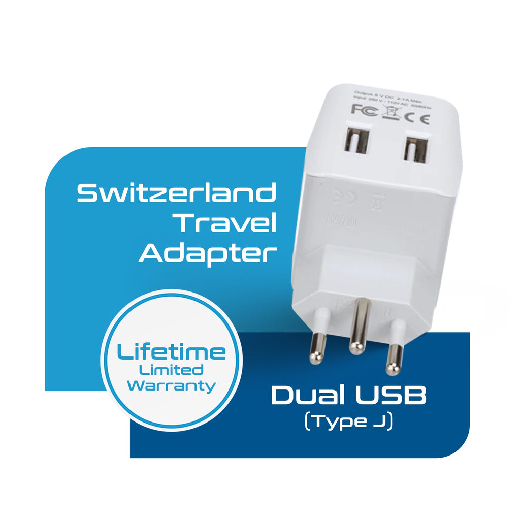 Switzerland Travel Adapter - Type J - Dual USB (CTU-11A) Ceptics