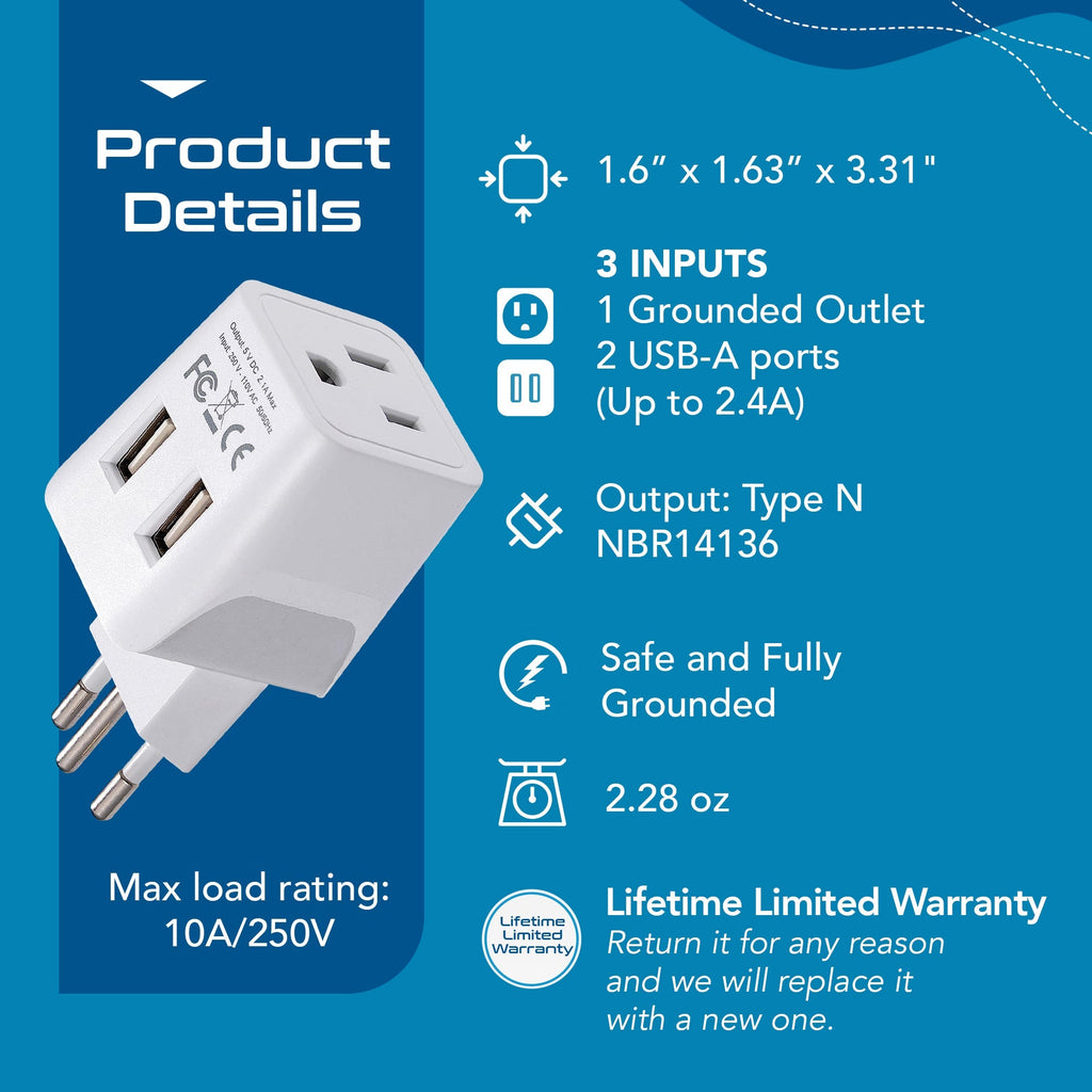 Brazil Travel Adapter - Type N - Dual USB (CTU-11C) Ceptics