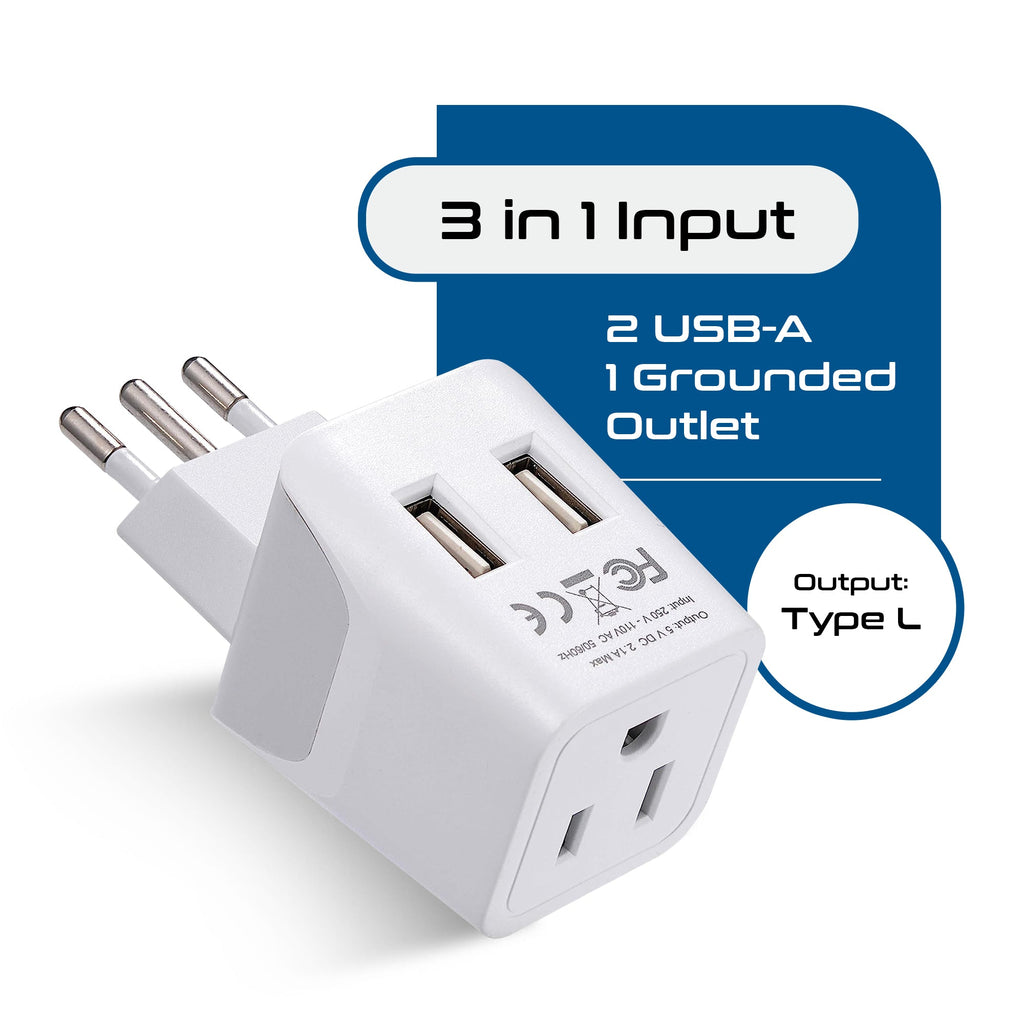 Italy Travel Adapter - Type L - Dual USB (CTU-12A) Ceptics