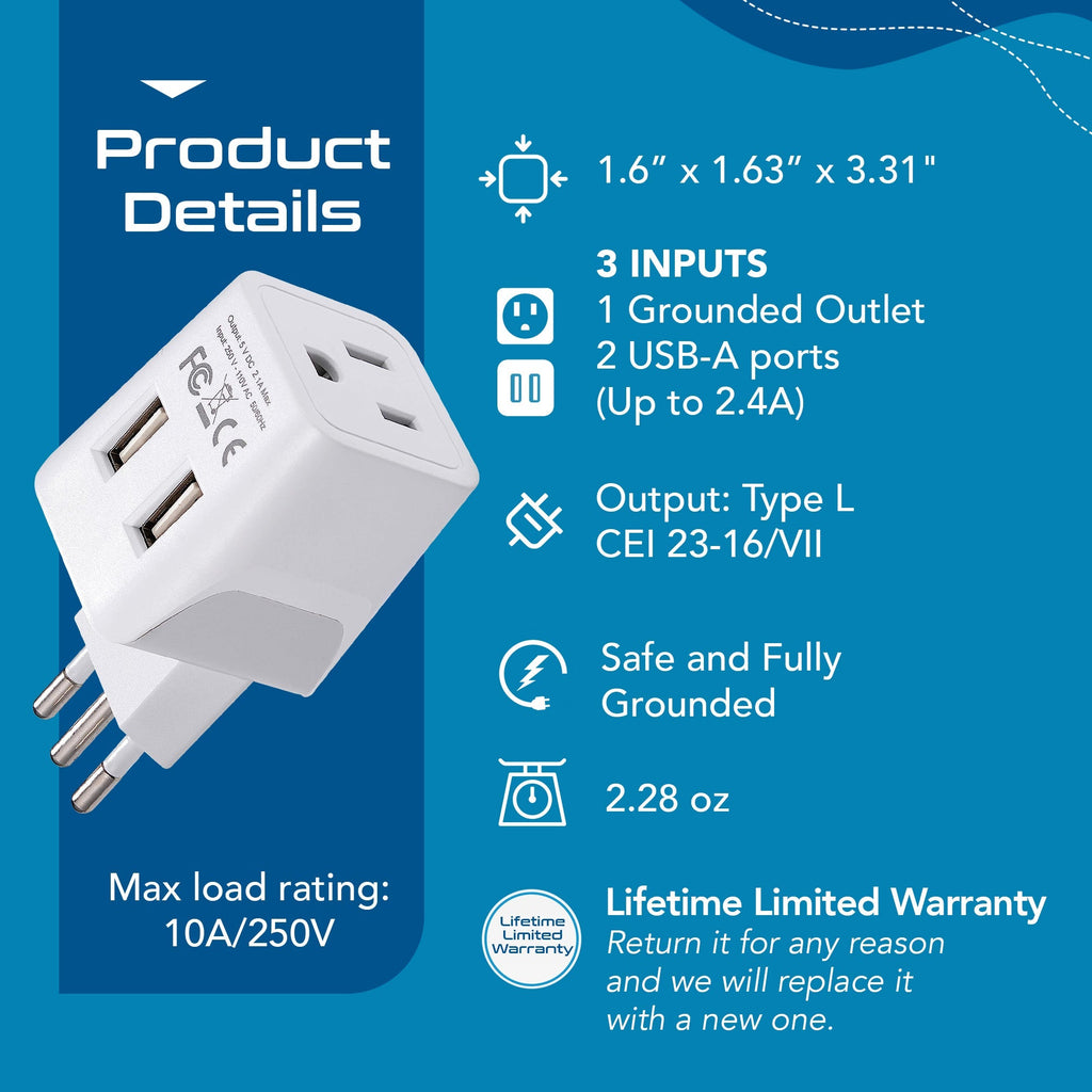 Italy Travel Adapter - Type L - Dual USB (CTU-12A) Ceptics