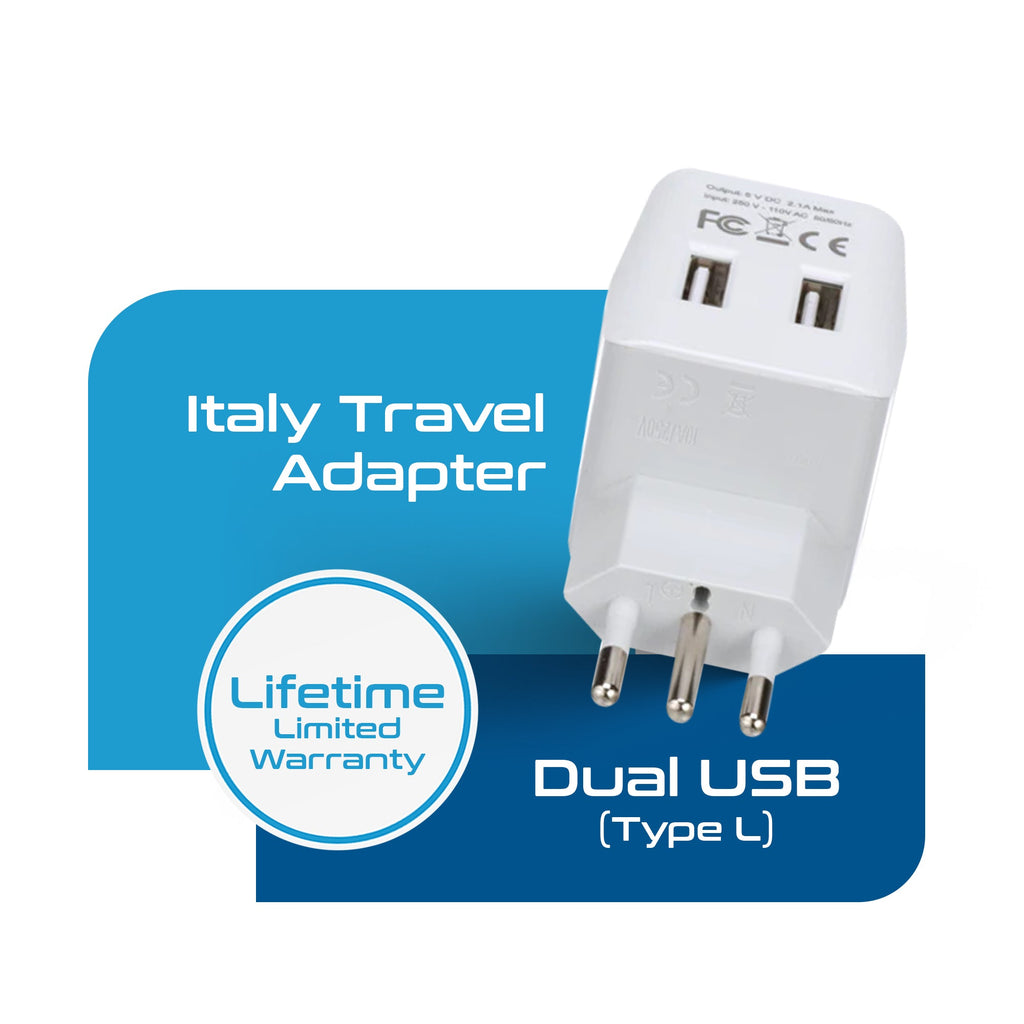Italy Travel Adapter - Type L - Dual USB (CTU-12A) Ceptics