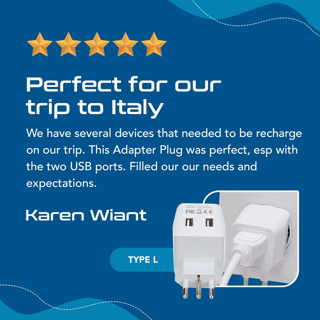 Italy Travel Adapter - Type L - Dual USB (CTU-12A) Ceptics