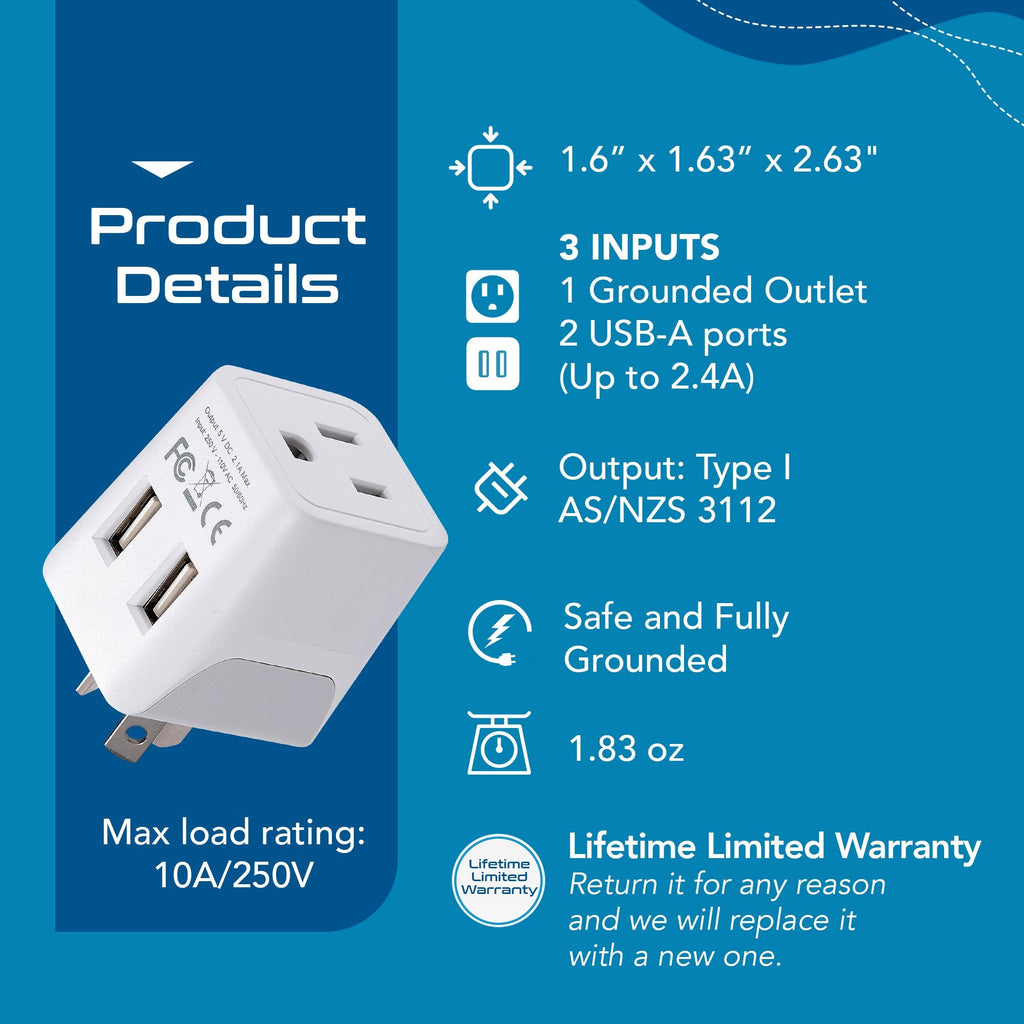 Australia, China Travel Adapter - Type I - Dual USB (CTU-16) Ceptics