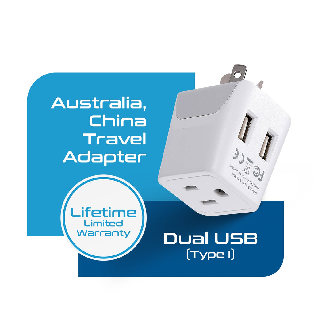 Australia, China Travel Adapter - Type I - Dual USB (CTU-16) Ceptics