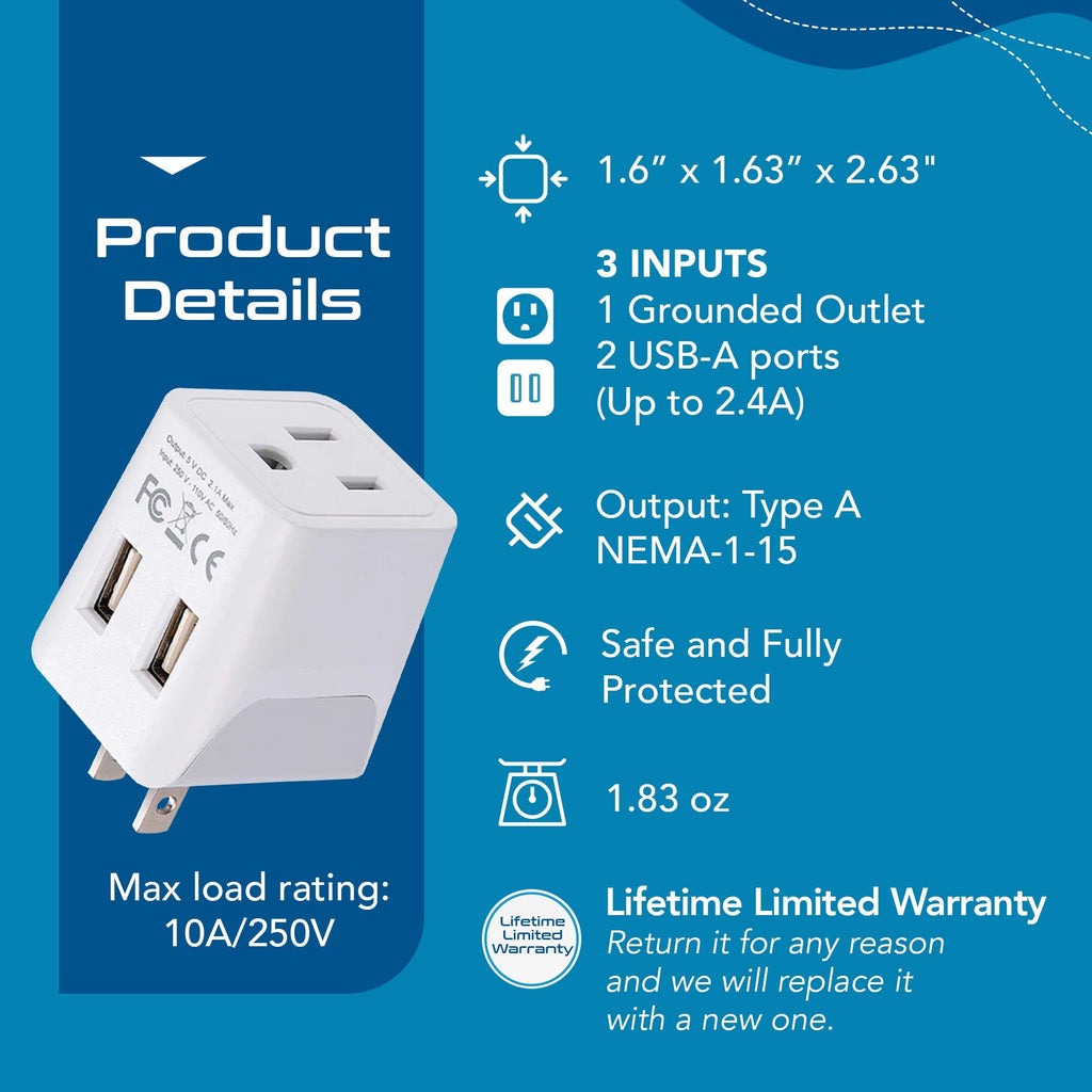 Japan, Philippines Travel Adapter - Type A - Dual USB (CTU-6) Ceptics