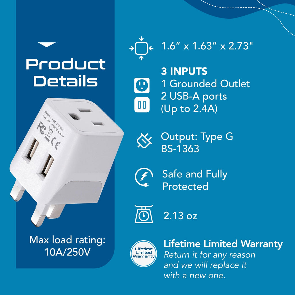UK, England Travel Adapter Plug with Dual USB - Type G - 2 Pack (CTU-7) Ceptics