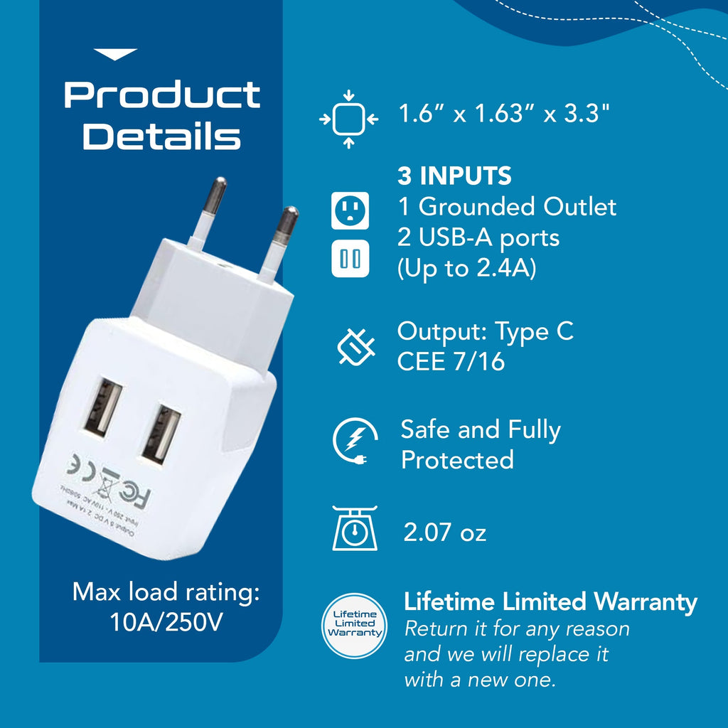 European Travel Adapter - Type C - Dual USB (CTU-9C) Ceptics