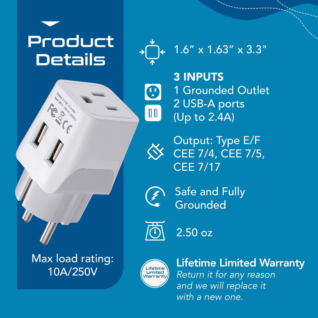 Europe (Schuko) Travel Adapter - Type E/F - Dual USB (CTU-9) Ceptics