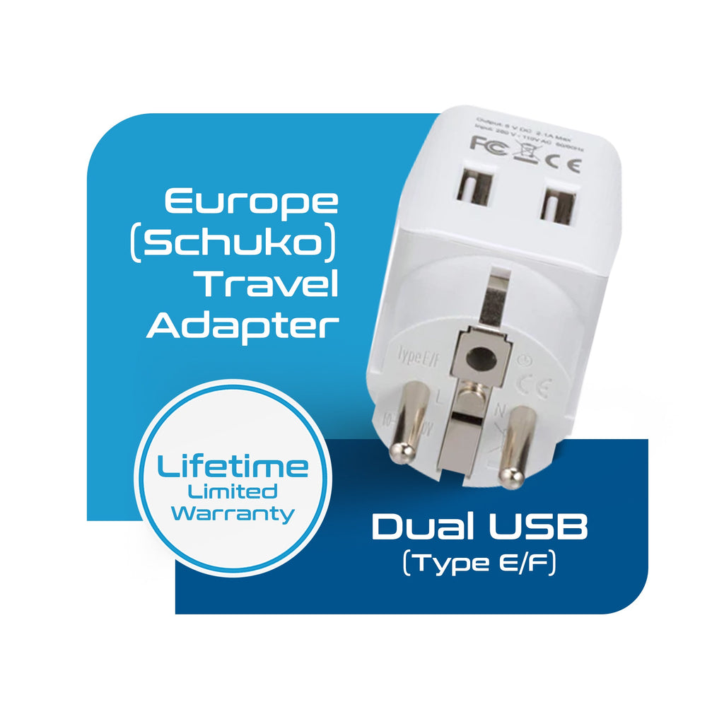 Europe (Schuko) Travel Adapter - Type E/F - Dual USB (CTU-9) Ceptics