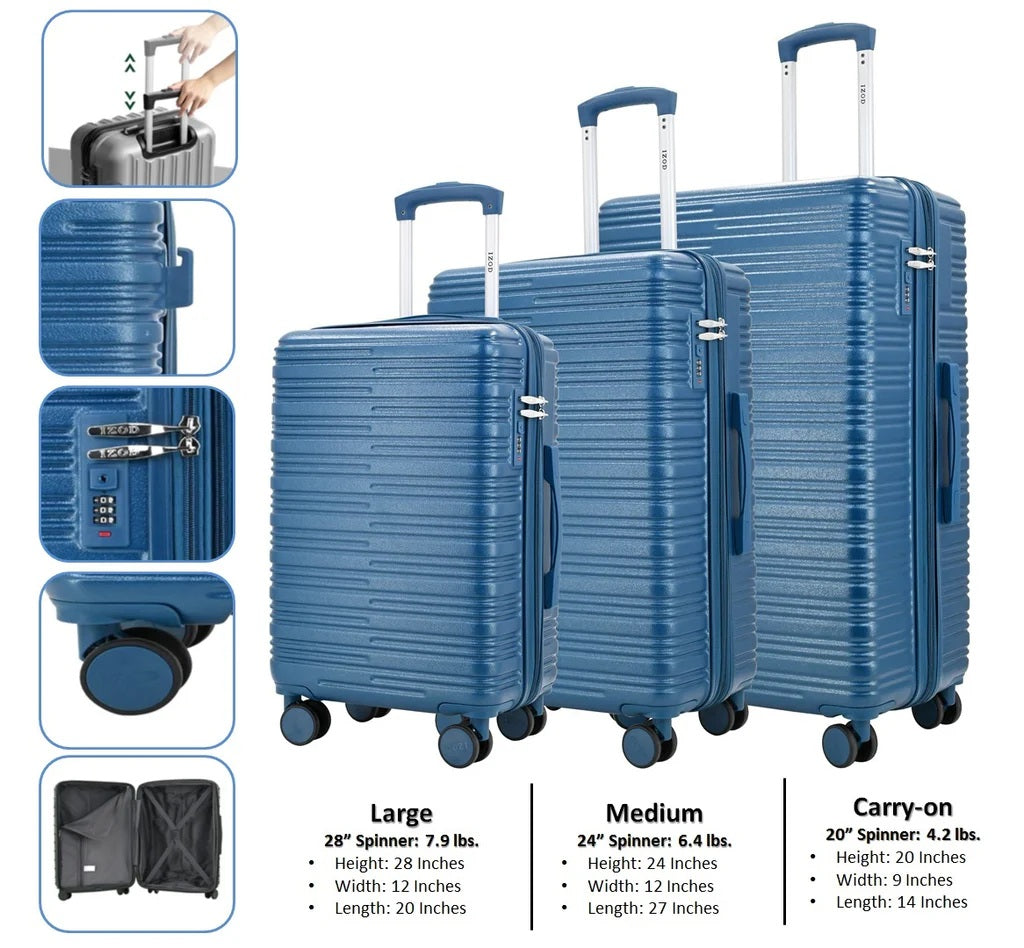IZOD Camellia Premium Lightweight ABS 3 Piece Luggage Set - 20", 24", 28" with 360° Dual Spinning Wheels and Combo Lock Izod