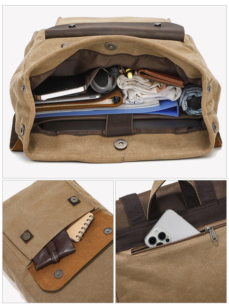 Canvas And Leather Backpack Vintage Waxed Canvas Travel Backpack Waterproof Flap Cover Canvas Laptop Backpack Camera Backpack RockCow Leather Studio