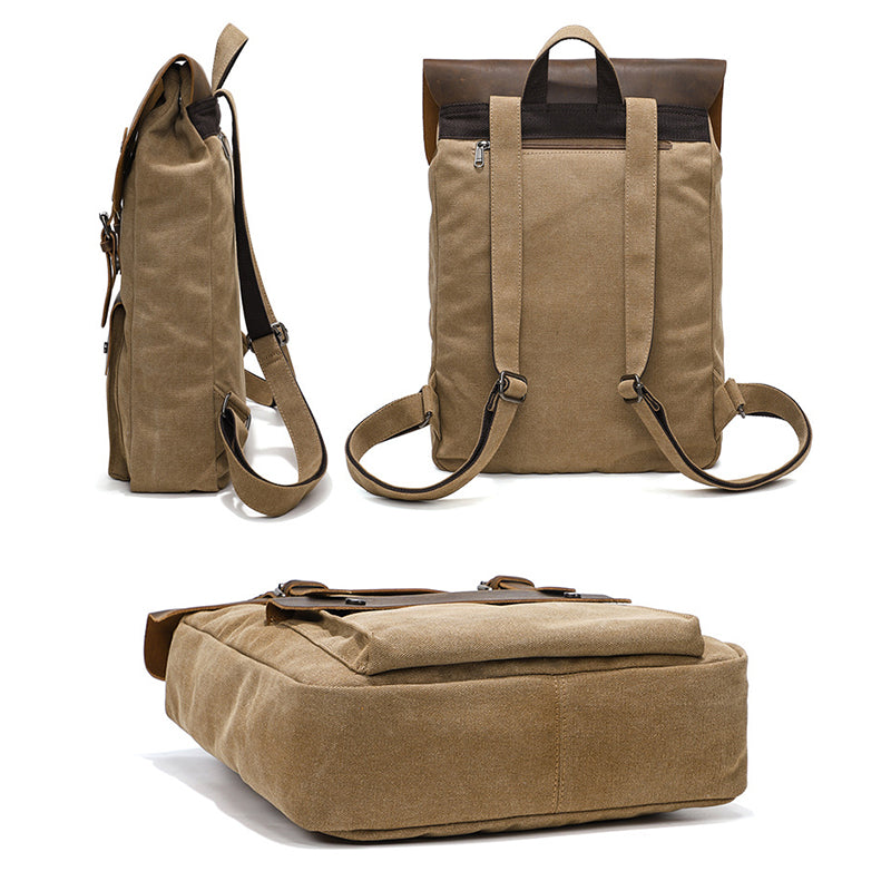 Canvas And Leather Backpack Vintage Waxed Canvas Travel Backpack Waterproof Flap Cover Canvas Laptop Backpack Camera Backpack RockCow Leather Studio