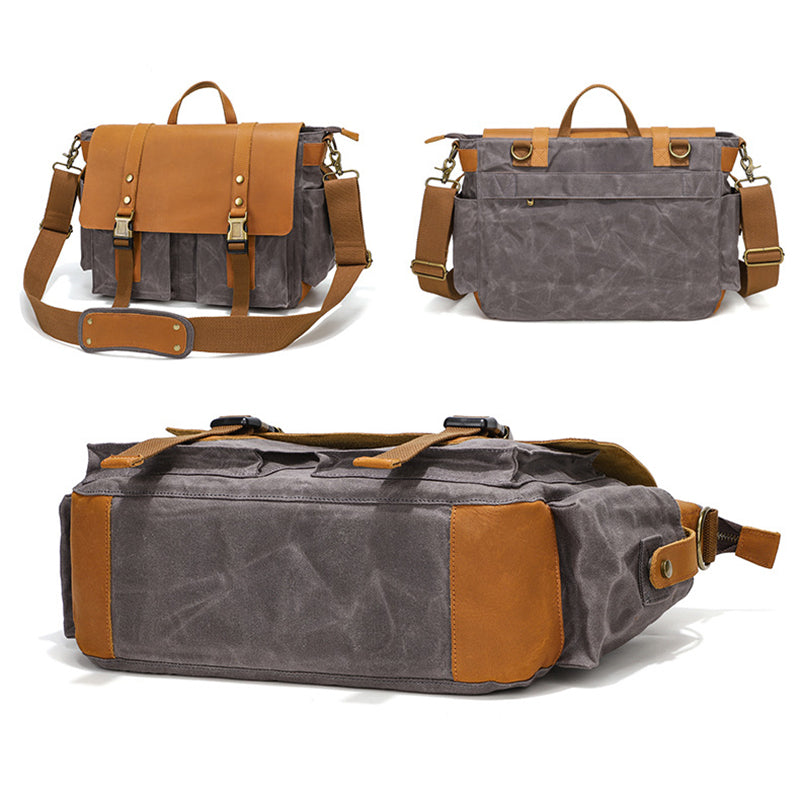 Canvas Messenger Bag Vintage Leather Canvas Briefcase Shoulder Crossbody Bag Laptop Bag Mens Satchel Gift for Him RockCow Leather Studio