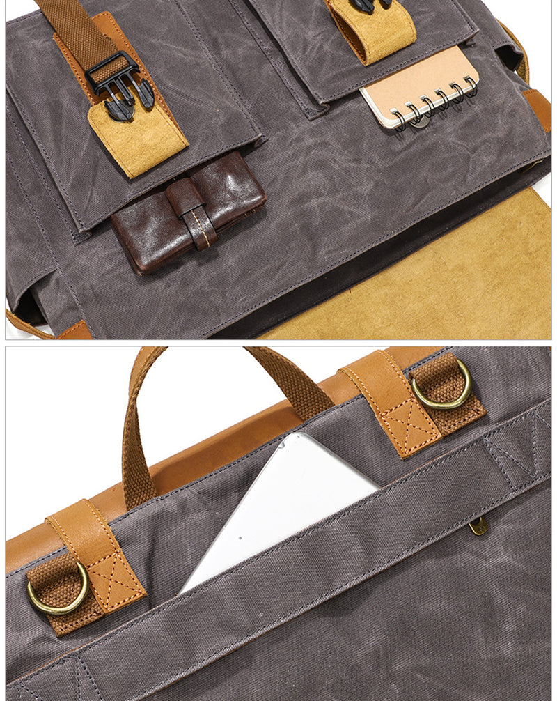 Canvas Messenger Bag Vintage Leather Canvas Briefcase Shoulder Crossbody Bag Laptop Bag Mens Satchel Gift for Him RockCow Leather Studio
